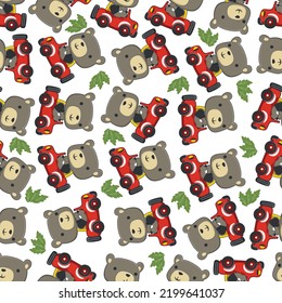 Seamless pattern of funny bear driving car in the road. Creative vector childish background for fabric, textile, nursery wallpaper, poster, card, brochure. and other decoration.