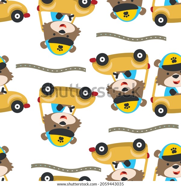 Seamless pattern of\
funny bear driving car in the road. Creative vector childish\
background for fabric, textile, nursery wallpaper, poster, card,\
brochure. and other\
decoration.