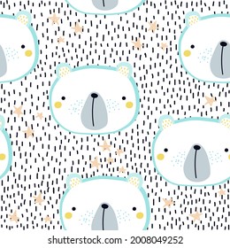 Seamless pattern with funny bear face. Kids print. Vector hand drawn illustration.