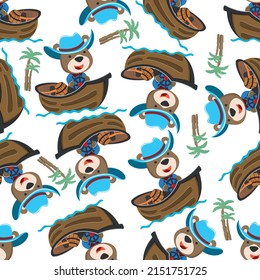 Seamless pattern of funny bear on little boat with cartoon style. Can be used for t-shirt printing, children wear fashion designs, baby shower invitation cards and other decoration.