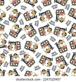 Seamless pattern of funny bear pirate with treasure chest, Can be used for t-shirt print, Creative vector childish background for fabric textile, nursery wallpaper and other decoration.