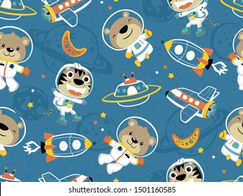 Seamless pattern of funny bear and tiger in astronaut costume with spaceship on space objects background