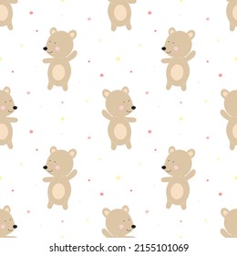 Seamless pattern of funny bears on a background of pink dots. Vector image for girl. Illustration for holiday, baby shower, birthday, textile, wrapper, greeting card, print, clothes, banners, flyers