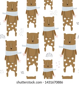 Seamless pattern with funny bears in rompers. Creative childish texture in scandinavian style. Great for fabric, textile Vector Illustration