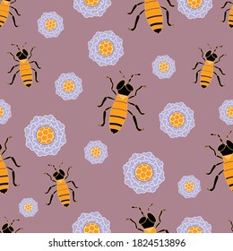 Seamless pattern  funny bees with flowers.Vector illustration