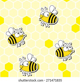 Seamless pattern of funny bees on honeycomb background.