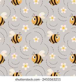Seamless pattern, funny bees with white flowers. Children's print, background, textile, wallpaper, vector