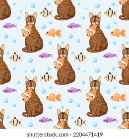 Seamless pattern with funny bengal cats and fish. Cartoon design.
