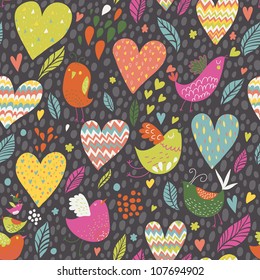 Seamless pattern with funny birds and big hearts