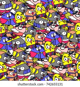 Seamless pattern of funny birds. Cartoon. Color doodle. Owls