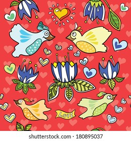 Seamless pattern with funny birds, colorful flowers on a red background and hearts.Vector illustration.