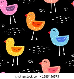Seamless pattern with funny birds, decor elements on a neutral background. colorful vector for kids. Handmade flat style drawing. baby design for fabric, textile, print, wrapper