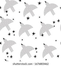 Seamless pattern with funny birds, decor elements. colorful vector. Handmade flat style drawing. design for fabric, textile, print, wrapper