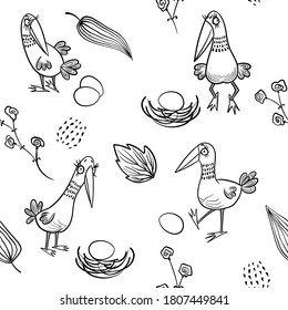 Seamless pattern with funny birds, eggs and leaves on a white background. In the style of the silhouette. For banners, textiles, wrapping paper, Wallpaper, etc. Vector illustration.