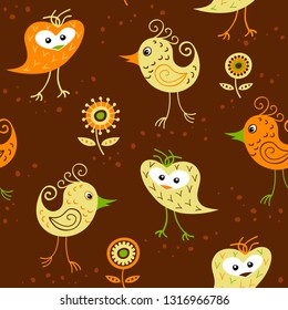 Seamless pattern with funny birds and flowers in scandinavian style. Vector background in brown colors for fabric, textile, wallpaper, posters, gift wrapping paper, napkin. Print for kids, children,
