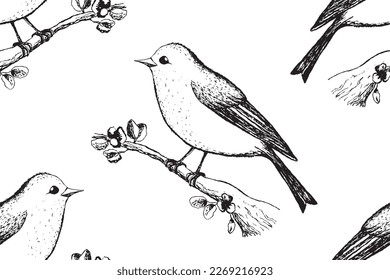 Seamless pattern with funny birds, flowers, leaves. Flat vector illustration with cartoon bird silhouette. Cute characters. Design for invitation, poster, card, textile, fabric.