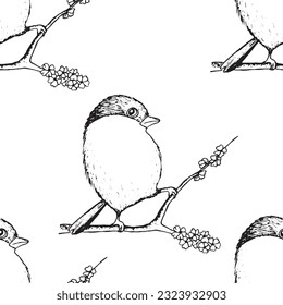 Seamless pattern with funny birds, flowers, leaves. Flat vector illustration with cartoon bird silhouette. Cute characters. Design for invitation, poster, card, textile, fabric.