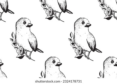 Seamless pattern with funny birds, flowers, leaves. Flat vector illustration with cartoon bird silhouette. Cute characters. Design for invitation, poster, card, textile, fabric.