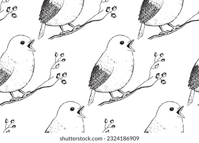 Seamless pattern with funny birds, flowers, leaves. Flat vector illustration with cartoon bird silhouette. Cute characters. Design for invitation, poster, card, textile, fabric.