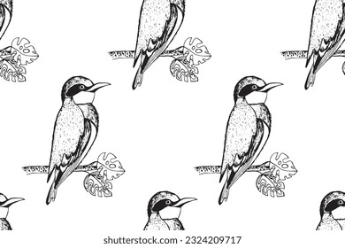 Seamless pattern with funny birds, flowers, leaves. Flat vector illustration with cartoon bird silhouette. Cute characters. Design for invitation, poster, card, textile, fabric.