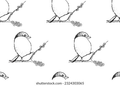 Seamless pattern with funny birds, flowers, leaves. Flat vector illustration with cartoon bird silhouette. Cute characters. Design for invitation, poster, card, textile, fabric.