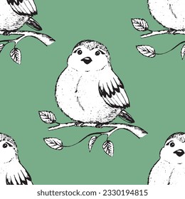 Seamless pattern with funny birds, flowers, leaves. Flat vector illustration with cartoon bird silhouette. Cute characters. Design for invitation, poster, card, textile, fabric.
