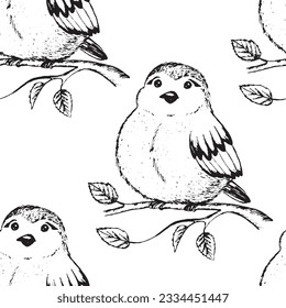 Patrón sin foco con aves divertidas, flores, hojas. Ilustración vectorial plana con silueta de pájaro caricaturizado. Caracteres de corte. Diseño para invitación, afiche, tarjeta, textil, tela.