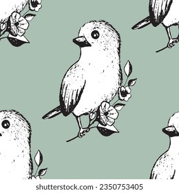 Seamless pattern with funny birds, flowers, leaves. Flat vector illustration with cartoon bird silhouette. Cute characters. Design for invitation, poster, card, textile, fabric.