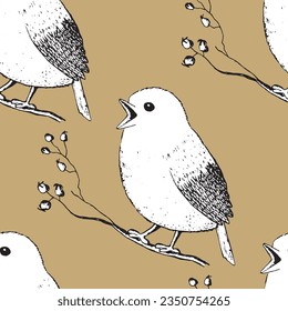 Seamless pattern with funny birds, flowers, leaves. Flat vector illustration with cartoon bird silhouette. Cute characters. Design for invitation, poster, card, textile, fabric.