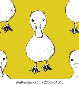 Seamless pattern with funny birds, flowers, leaves. Flat vector illustration with cartoon bird silhouette. Cute duck characters. Design for invitation, poster, card, textile, fabric.