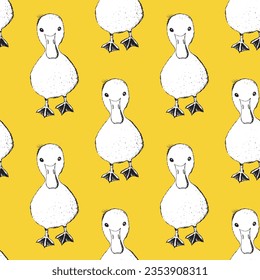 Seamless pattern with funny birds, flowers, leaves. Flat vector illustration with cartoon bird silhouette. Cute duck characters. Design for invitation, poster, card, textile, fabric.