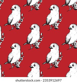 Seamless pattern with funny birds, flowers, leaves. Flat vector illustration with cartoon bird silhouette. Cute characters. Design for invitation, poster, card, textile, fabric.