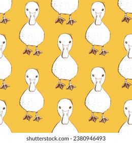 Patrón sin foco con aves divertidas, flores, hojas. Ilustración vectorial plana con silueta de pájaro caricaturizado. Caracteres de pato. Diseño para invitación, afiche, tarjeta, textil, tela.