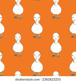 Seamless pattern with funny birds, flowers, leaves. Flat vector illustration with cartoon bird silhouette. Cute duck characters. Design for invitation, poster, card, textile, fabric.