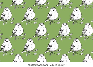Seamless pattern with funny birds, flowers, leaves. Flat vector illustration with cartoon bird silhouette. Cute characters. Design for invitation, poster, card, textile, fabric.