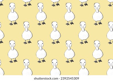 Patrón sin foco con aves divertidas, flores, hojas. Ilustración vectorial plana con silueta de pájaro caricaturizado. Caracteres de pato. Diseño para invitación, afiche, tarjeta, textil, tela.
