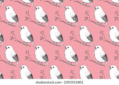 Seamless pattern with funny birds, flowers, leaves. Flat vector illustration with cartoon bird silhouette. Cute characters. Design for invitation, poster, card, textile, fabric.