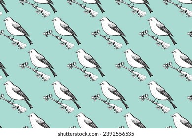 Patrón sin foco con aves divertidas, flores, hojas. Ilustración vectorial plana con silueta de pájaro caricaturizado. Caracteres de corte. Diseño para invitación, afiche, tarjeta, textil, tela.