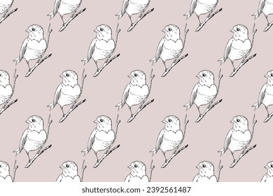 Seamless pattern with funny birds, flowers, leaves. Flat vector illustration with cartoon bird silhouette. Cute characters. Design for invitation, poster, card, textile, fabric.