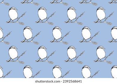 Seamless pattern with funny birds, flowers, leaves. Flat vector illustration with cartoon bird silhouette. Cute characters. Design for invitation, poster, card, textile, fabric.