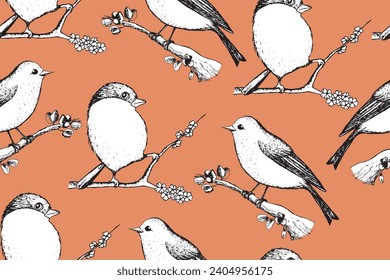 Seamless pattern with funny birds, flowers, leaves. Flat vector illustration with cartoon bird silhouette. Cute characters. Design for invitation, poster, card, textile, fabric.