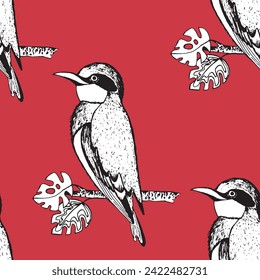 Seamless pattern with funny birds, flowers, leaves. Flat vector illustration with cartoon bird silhouette. Cute characters. Design for invitation, poster, card, textile, fabric.