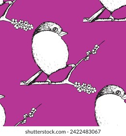 Seamless pattern with funny birds, flowers, leaves. Flat vector illustration with cartoon bird silhouette. Cute characters. Design for invitation, poster, card, textile, fabric.