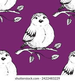 Seamless pattern with funny birds, flowers, leaves. Flat vector illustration with cartoon bird silhouette. Cute characters. Design for invitation, poster, card, textile, fabric.