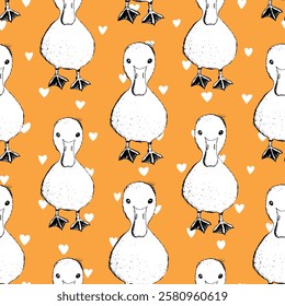 Seamless pattern with funny birds, flowers, leaves. Flat vector illustration with cartoon bird silhouette. Cute duck characters. Design for invitation, poster, card, textile, fabric.