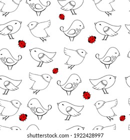 Seamless pattern with funny birds and ladybugs Vector illustration. Background for poster or cover. Drawing for textiles.