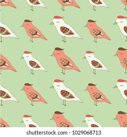 Seamless pattern with funny birds on a green background hand drawn vector illustration