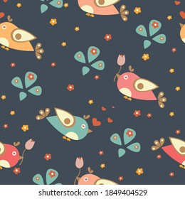 Seamless pattern with funny birds on dark background. Vector illustration