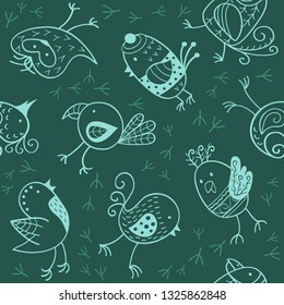 Seamless pattern with funny birds in scandinavian style. Vector background in blue colors for fabric, textile, wallpaper, posters, gift wrapping paper, napkin.Print for kids, children, baby.