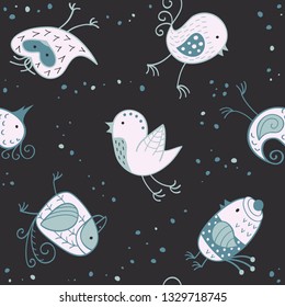 Seamless pattern with funny birds in scandinavian style. Vector background in blue colors for fabric, textile, wallpaper, posters, gift wrapping paper, napkin, tablecloths, pajamas